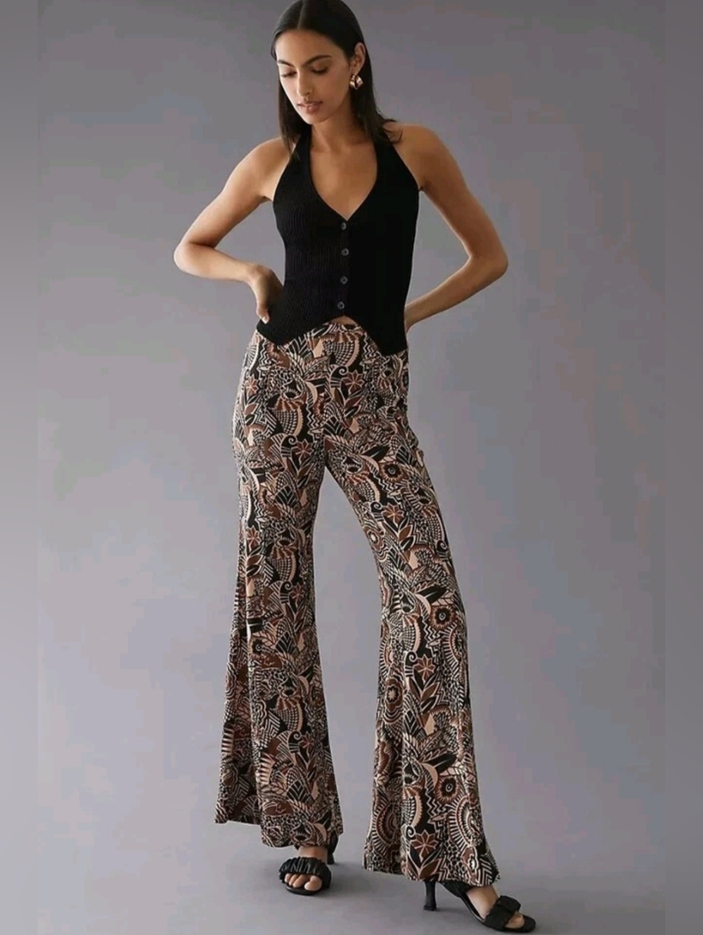 Anthropologie Black and Tan Floral-Pattern Wide-Leg Pants